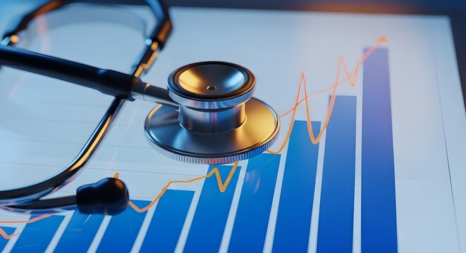 Un estetoscopio descansa sobre un informe financiero, que simboliza el an&aacute;lisis de la atenci&oacute;n sanitaria.