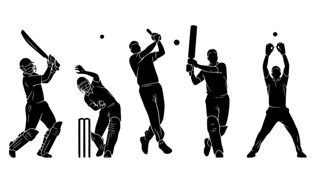 Cricket action silhouettes batsman bowler fielder set vector illustration isolated on white background