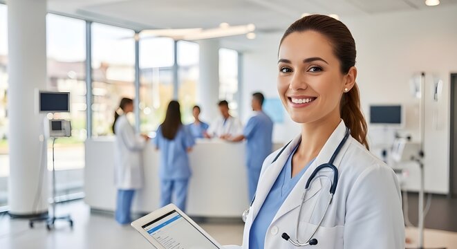 Tableta, m&eacute;dico de atenci&oacute;n m&eacute;dica y hombre asi&aacute;tico feliz con investigaci&oacute;n en l&iacute;nea, estudio de medicina y resultados de pruebas de bienestar.
 Informaci&oacute;n web del hospital, retrato y enfermera con