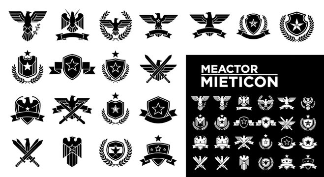 Set of Heraldic Eagle and Shield Emblems with Stars and Swords