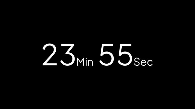 24 minute countdown timer animation from 24 to 23 minute, digital countdown timer transparent background. 24 minute countdown timer animation