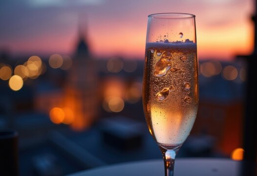 Effervescent Prosecco Bubbles in Chic Champagne Flute Rooftop Aperitivo Hour