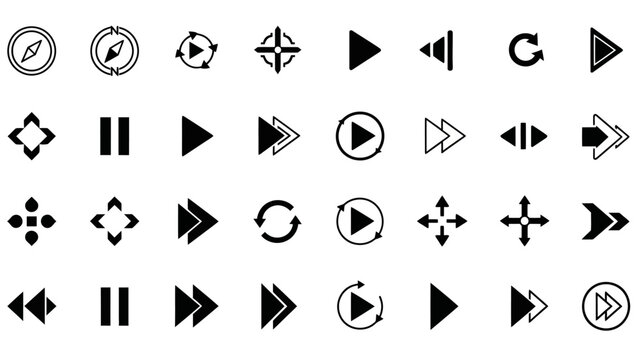 ui icons displaying media control and navigation arrows for essential user interface elements like play pause and refresh.