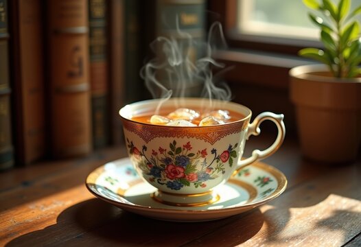 Herbal Tea in Delicate China Cup on Wooden Desk Surrounded by Books and Warm Light