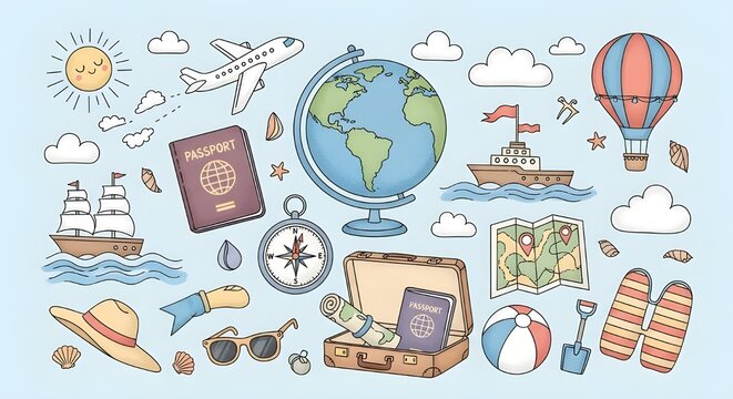 Viajes y turismo de aventura, viajes al extranjero, viajes de vacaciones de verano.
 Ilustraci&oacute;n vectorial dibujada a mano.
 Perfecto para kit de pegatinas, &aacute;lbumes de recortes, carteles, etiquetas.