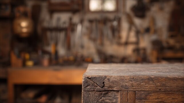 Carpenter's workbench with detailed dovetail joint in focus, blurred tools in background. safety posters.
