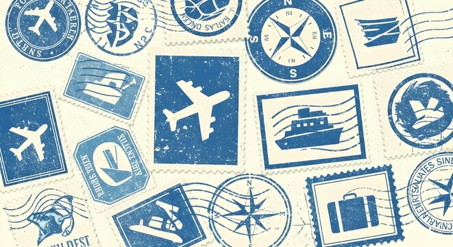 Sellos de viajes coloridos con &iacute;conos de viajes como aviones, barcos y postales.
 Dise&ntilde;os con tem&aacute;tica de viajes en colores vibrantes, perfectos para los entusiastas de los viajes.
 Sellos de viaje co