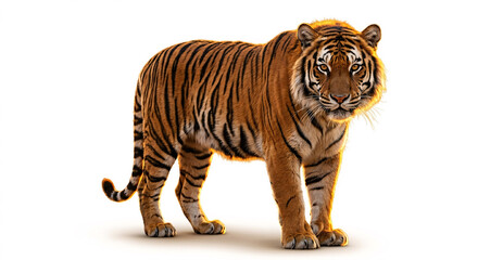 Obraz premium Stunning full-body portrait of a majestic wild tiger with vibrant stripes on a clean white background