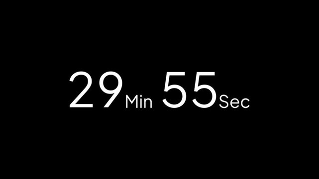 30 minute countdown timer animation from 30 to 29 minute, digital countdown timer transparent background. 30 minute countdown timer animation