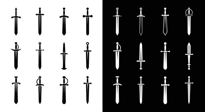 Set of Medieval Sword Icons and Knight Weapon Silhouettes