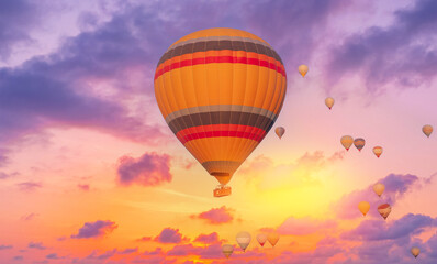 Obraz premium Amazing aerial view of hot air balloons at sunrise in Cappadocia beautiful skies