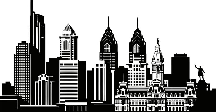 Philadelphia skyline silhouette emphasizing unique tower tops and structure outlines.