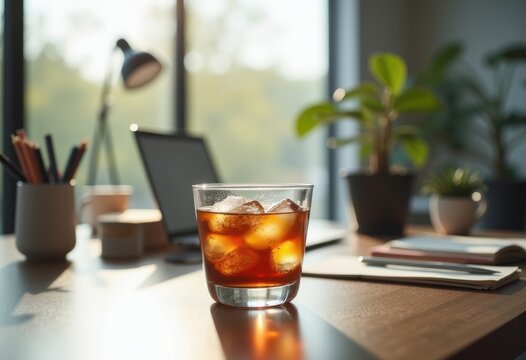 Minimalist Office Workspace Ice-Cold Brew Coffee Over Cubes Clean Aesthetic Modern Environment Sharp Contrast
