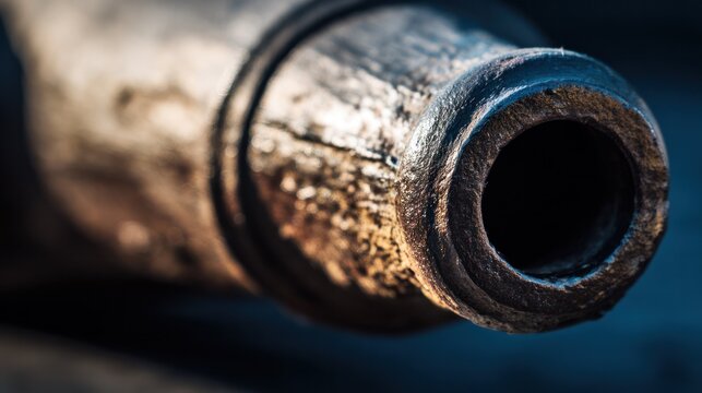 Extreme close-up of the muzzle of an old-fashioned field cannon, highlighting worn metal texture. mobility guides, transit brochures, designed for transport & logistics marketing.
