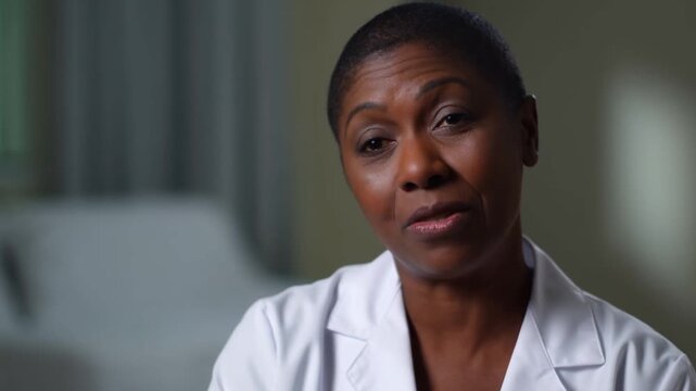 An attentive african american doctor in a white coat listens with a concerned, empathetic expression in a clinical office, concept of trust and professional healthcare