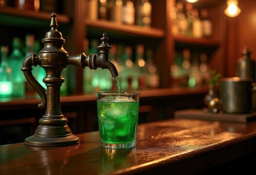 Mystical Absinthe Fountain Drip Vintage Bar Reflected Green Hue Dim Interior Shelves Glass Bottles