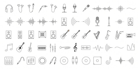 Obraz premium A collection of various audio and music icons is displayed on a screen.