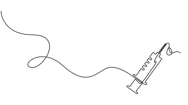 syringe with needle continuous one line drawing animation, Self drawing line animation Syringe continuous one single line drawn concept, Animated self drawing of continuous line draw medical