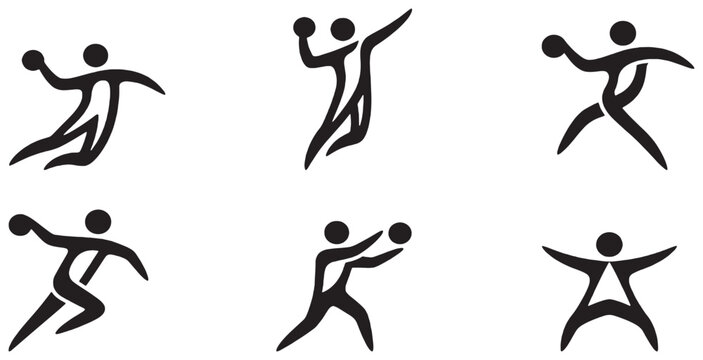 Set of six abstract black icons representing different handball player actions and poses.