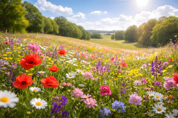 Obraz premium 春の花畑と青空 カラフルな野原の風景 / Colorful spring flower meadow