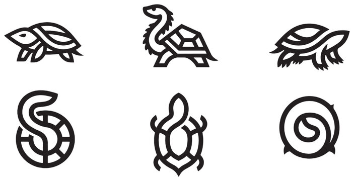 Set of stylized line art icons representing different turtles and a snail, showcasing simple geometric shapes and clean outlines.