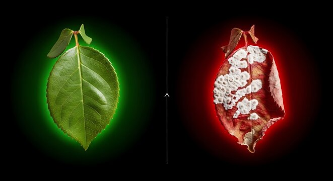 Comparison of fresh green rose leaf and leaf covered in white powdery mildew fungus.
