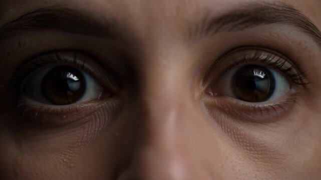 Close-up of a woman's eyes wide open with a reflection. An intense eye shot conveying fear or surprise. . Stress, anxiety, emotional trauma.