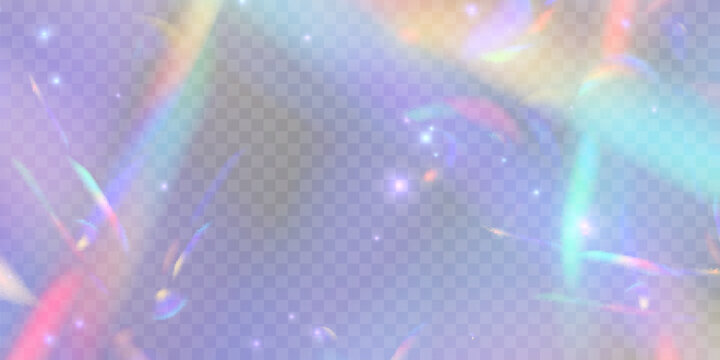 Rainbow light prism effect, transparent blue background. Hologram reflection, crystal flare leak shadow overlay. Vector illustration of abstract blurred iridescent light backdrop