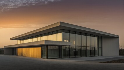 Obraz premium Modern Low-Rise Office Building with Glass Facade at Sunset