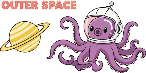 Outer space, cartoon octopus astronaut, purple tentacles, space helmet, planet © Design