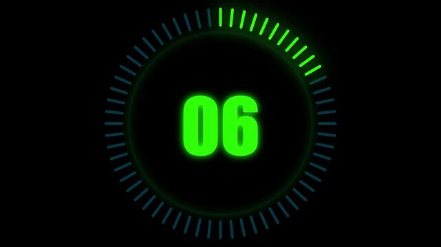 Digital counter projects glowing neon green number sequence within circular progress bar on dark background for precise time measurement, data tracking, and cinematic countdown interface motion.