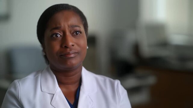 An attentive african american doctor in a white coat listens with a concerned, empathetic expression in a clinical office, concept of trust and professional healthcare