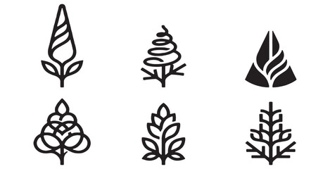 Obraz premium Collection of stylized abstract plant and tree icons in a minimalist line art style.