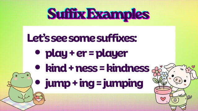 English Suffixes Explained A beginner's guide to word endings with clear examples and playful characters