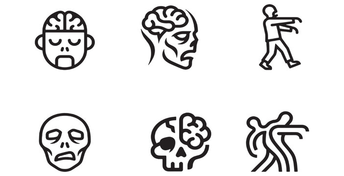 Collection of stylized line art icons representing zombies and their brains, suitable for horror themes.