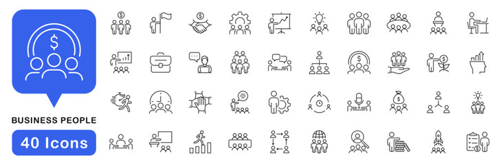 Business people icon set. Community icons in line style. Editable web icons for team, partnership, collaboration, leadership, management, workshop, employee, businessman etc. Vector illustration.