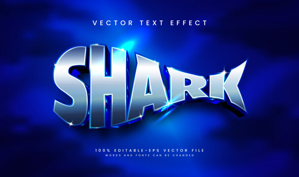 3d Blue shark editable vector text effect, with creature under water theme