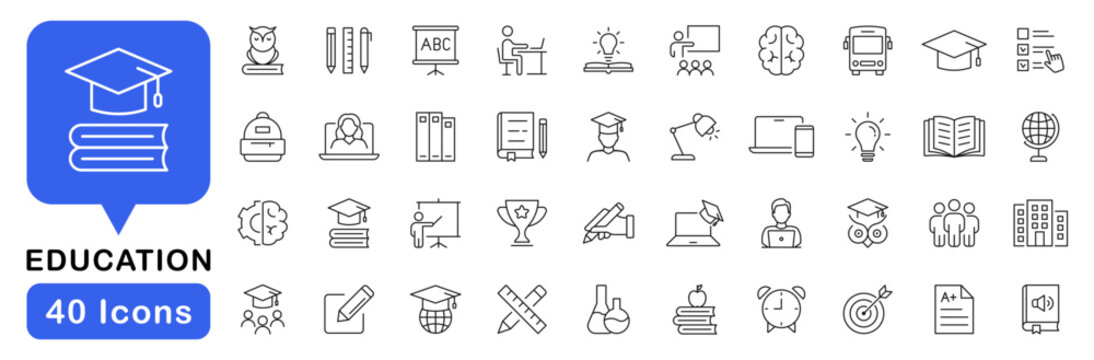 Education icon set. Learning icons in line style. Editable web icons for study, school, knowledge, teaching, e-learning. Vector illustration.