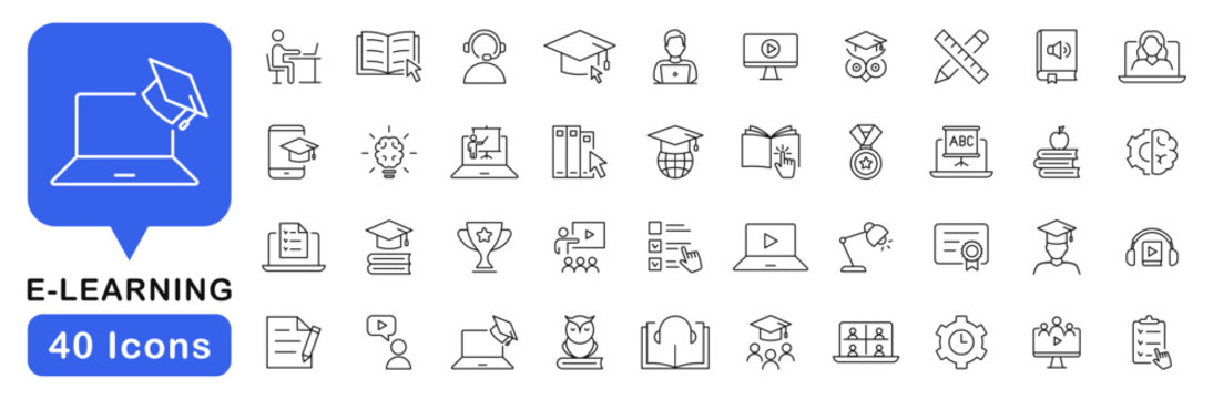 E-learning icon set. Online education icons in line style. Editable web icons for distance study, e-learning, online course, webinar, video tutorial, online lecture. Vector illustration.