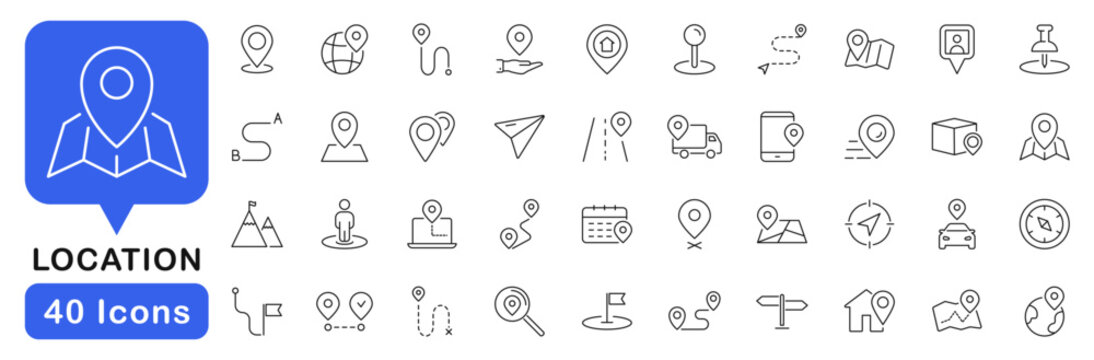 Location and navigation icon set. Location icons in line style. Editable web icons. Pointer, address, marker, position,  map pin, direction, geolocation etc. Vector illustration.