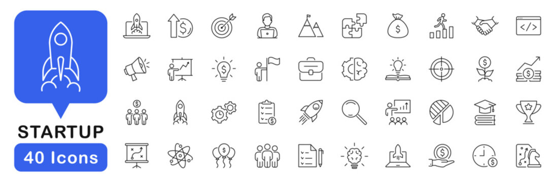 Startup icon set. Development icons in line style. Editable web icons for launch project, innovation, idea, strategy, funding, development business etc. Vector illustration.