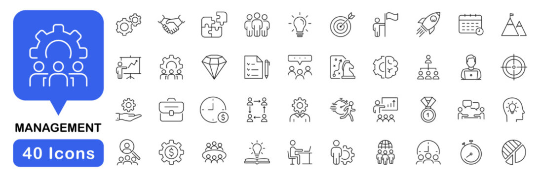 Management icon set. Organisation business icons in line style. Editable web icons for business, marketing, planning, support, vision, project, work etc. Vector illustration.