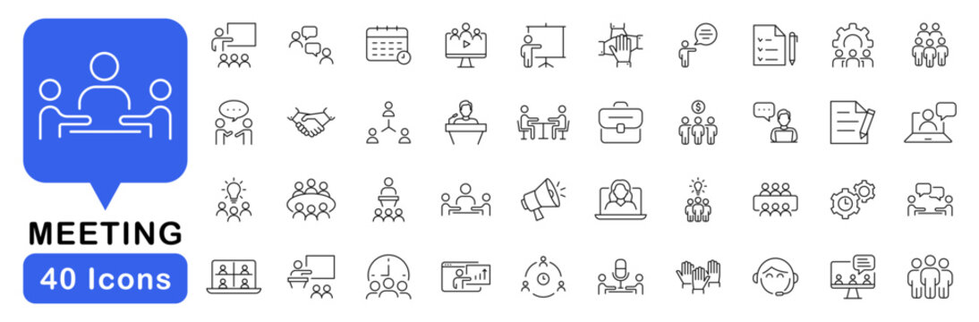 Meeting in line style set. Editable web icons for conference, business meating, discussion, planning, event, teamwork, seminar etc. Vector illustration.