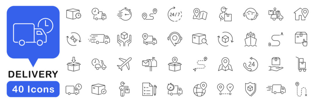 Delivery icon set. Shipping icons in line style. Editable web icons for delivery services, transportation, logistics, package tracking, ecommerce. Vector illustration.