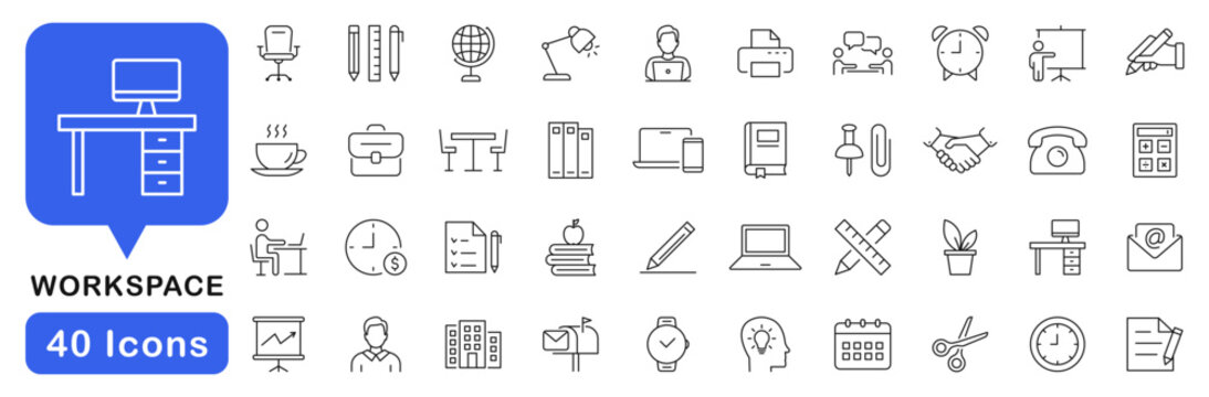 Office and workspace icon set. Office icons in line style. Editable web icons for workplace, coworking, work from home, meeting, business Vector illustration.