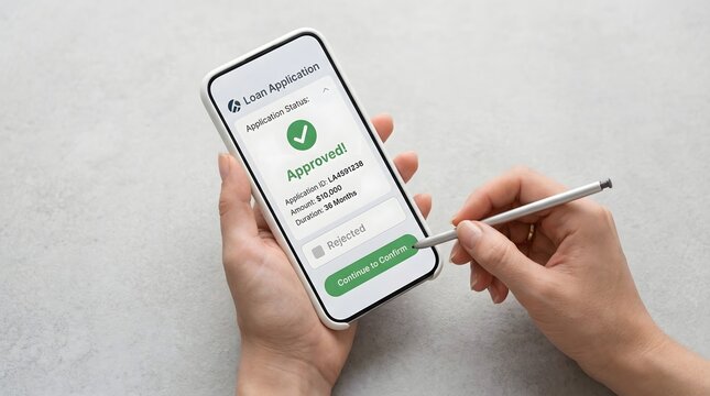 Hands using smartphone for approved loan application, digital banking concept