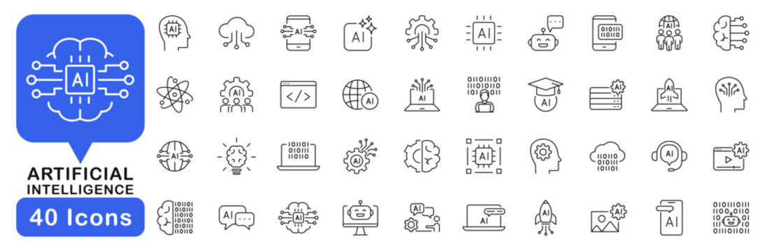 Artificial Intelligence icon set. AI technology icons in line style. Editable web icons for machine Learning, AI essentials, neural network, digital, brainstorming, chatbot etc.  Vector illustration.