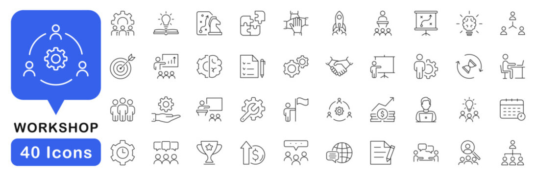 Workshop icon set. Business workshop icons in line style. Editable web icons for teamwork, meeting, training, coaching, collaboration and education. Vector illustration.