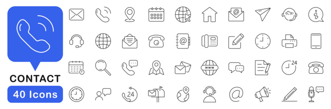 Contact Us icon set. Business contact us icons in line style. Editable web icons for communication, phone, email, contact, website and address. Vector illustration.