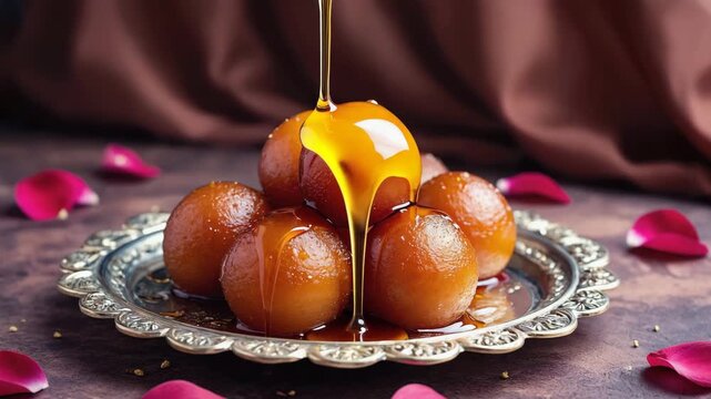 Syrup Drizzled Gulab Jamun Stack on Ornate Plate with Rose Petals
